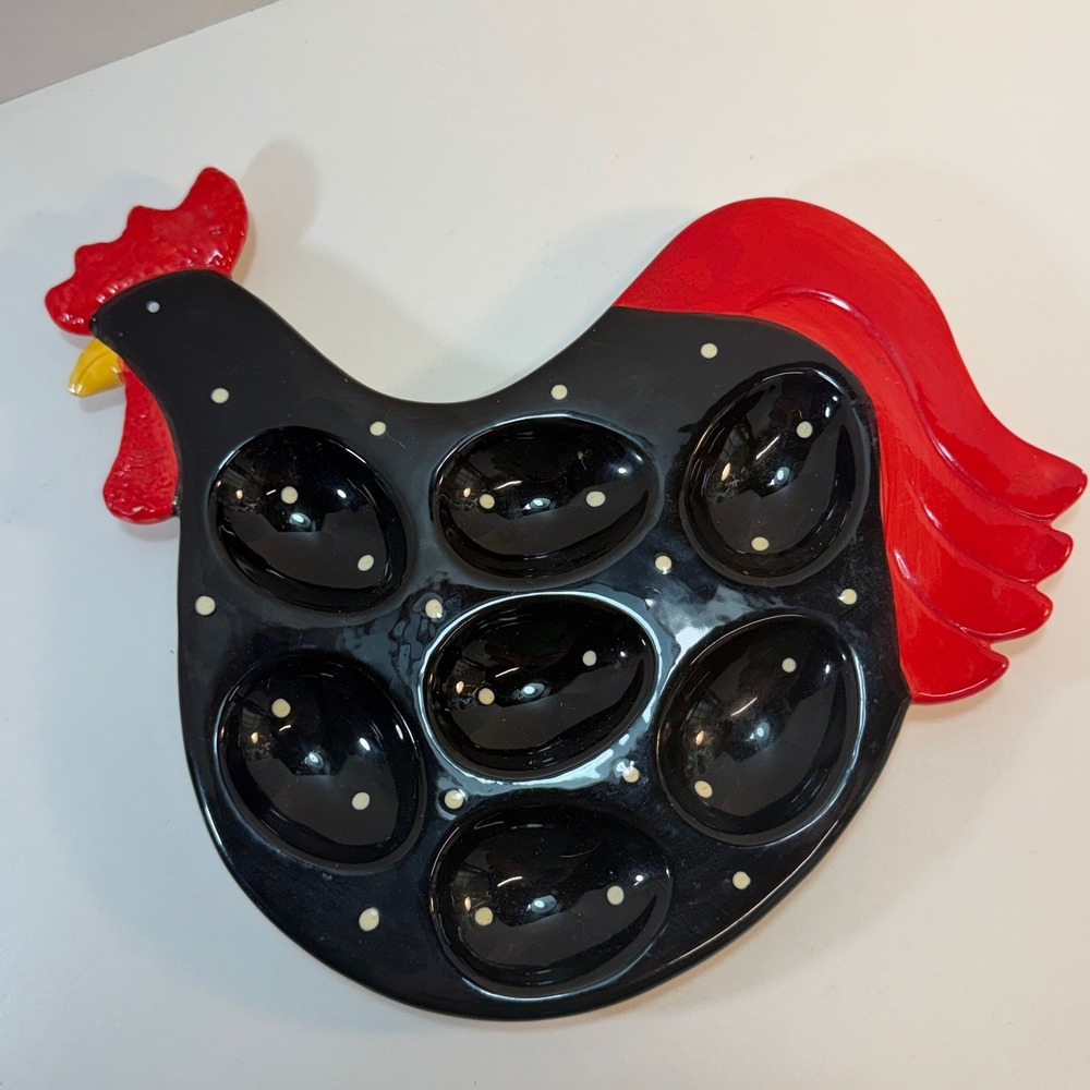 Rooster Deviled Egg Platter LTD Commodities Black‎ Red Polka Dot Ceramic Deviled